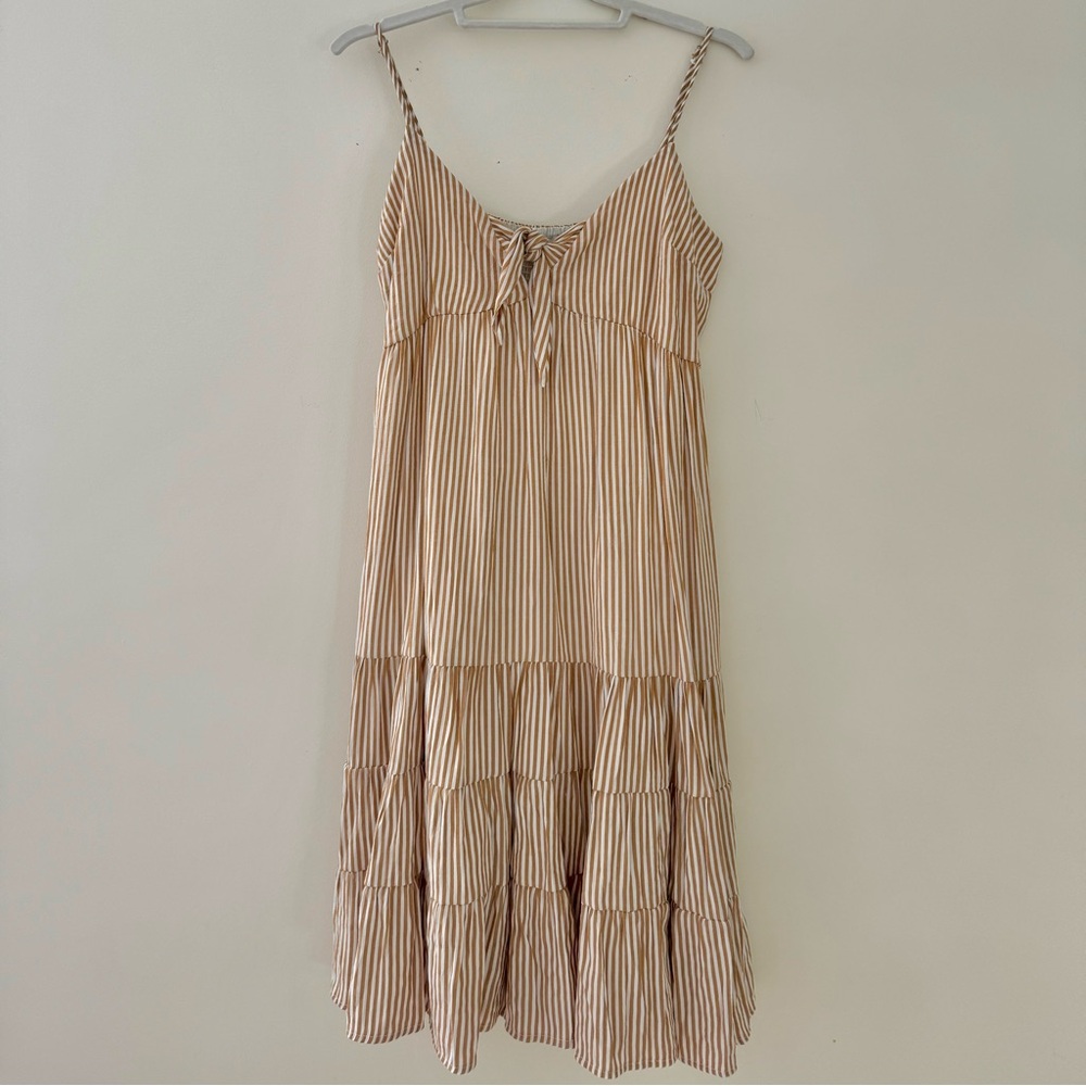 Moodie Midi Brown and White Stripe Tie Front Tiered Sundress Midi Dress